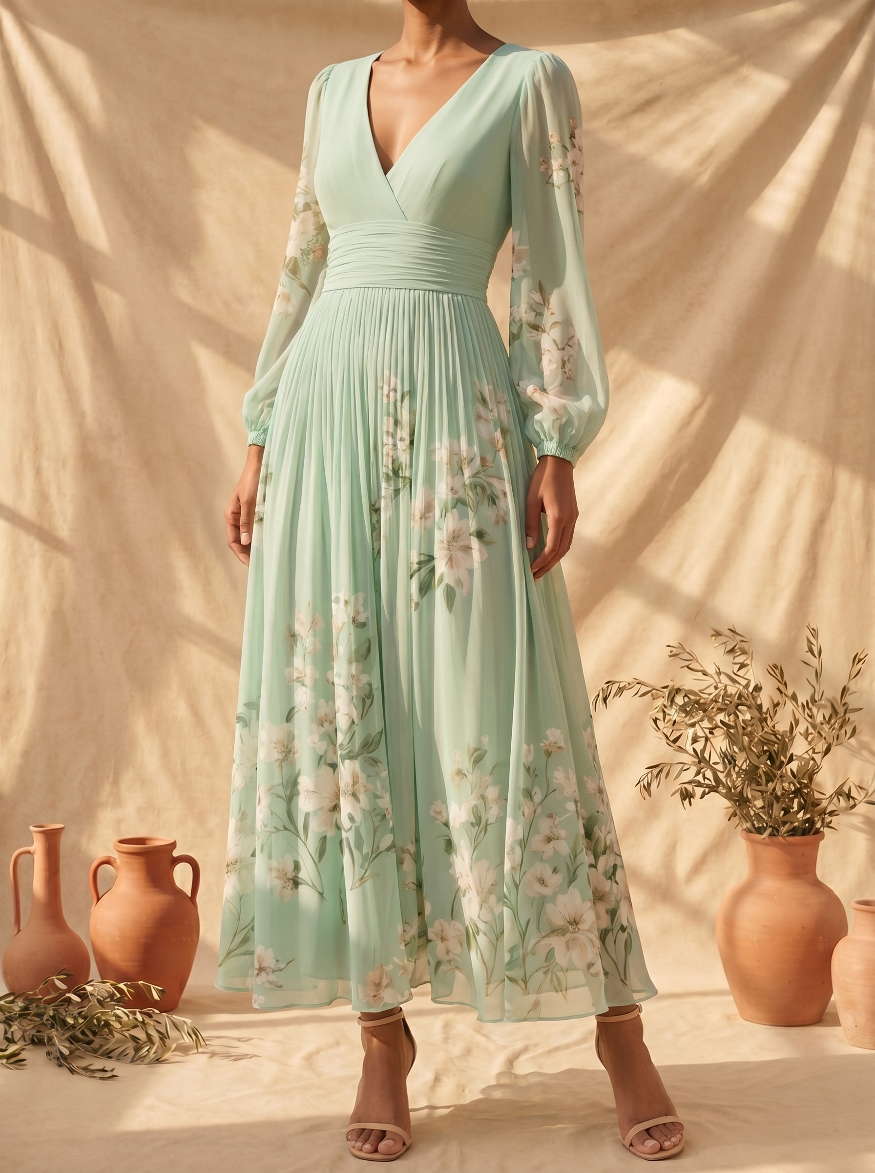 Cisella | Robe midi verte claire à fleurs