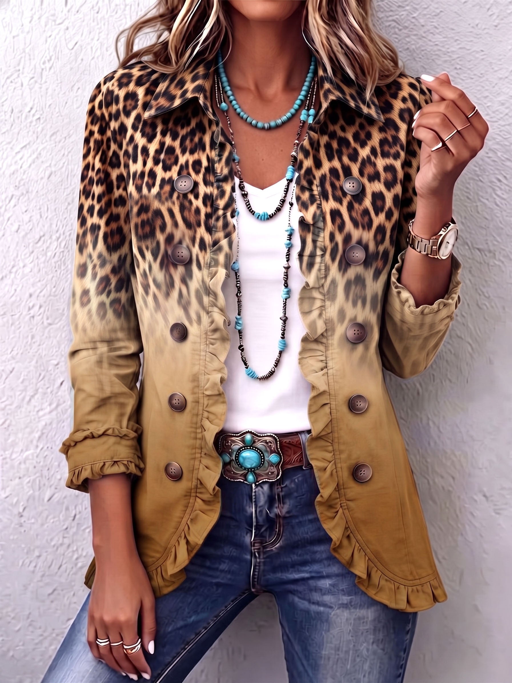 Reyes | Veste Blazer Léopard Ocre avec Volants