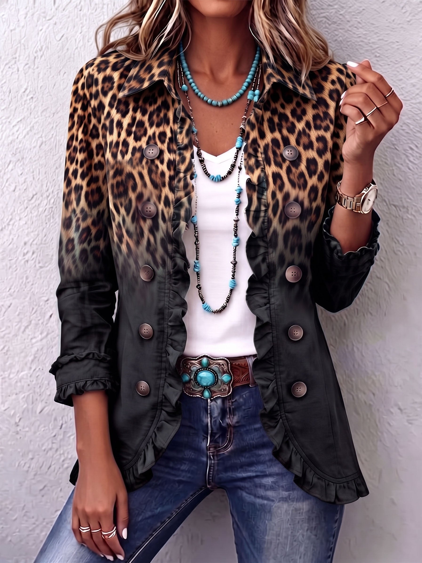 Sabina | Veste Blazer Léopard Noir avec Volants