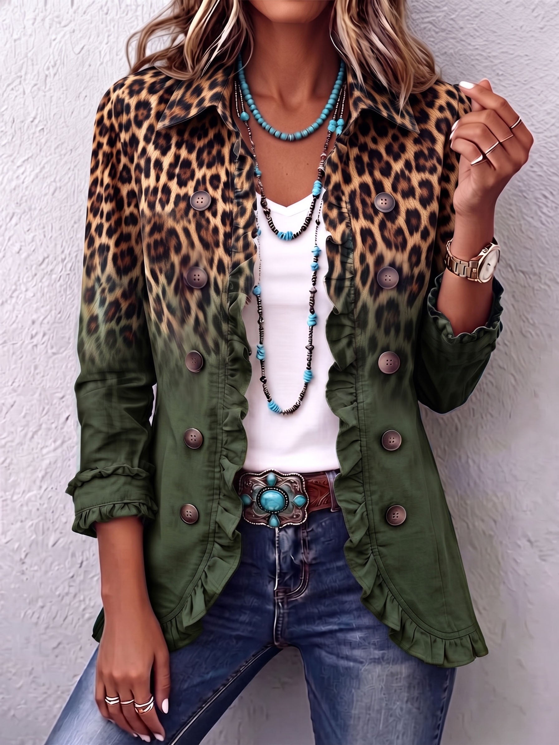 Ramona | Veste Blazer Léopard Vert avec Volants