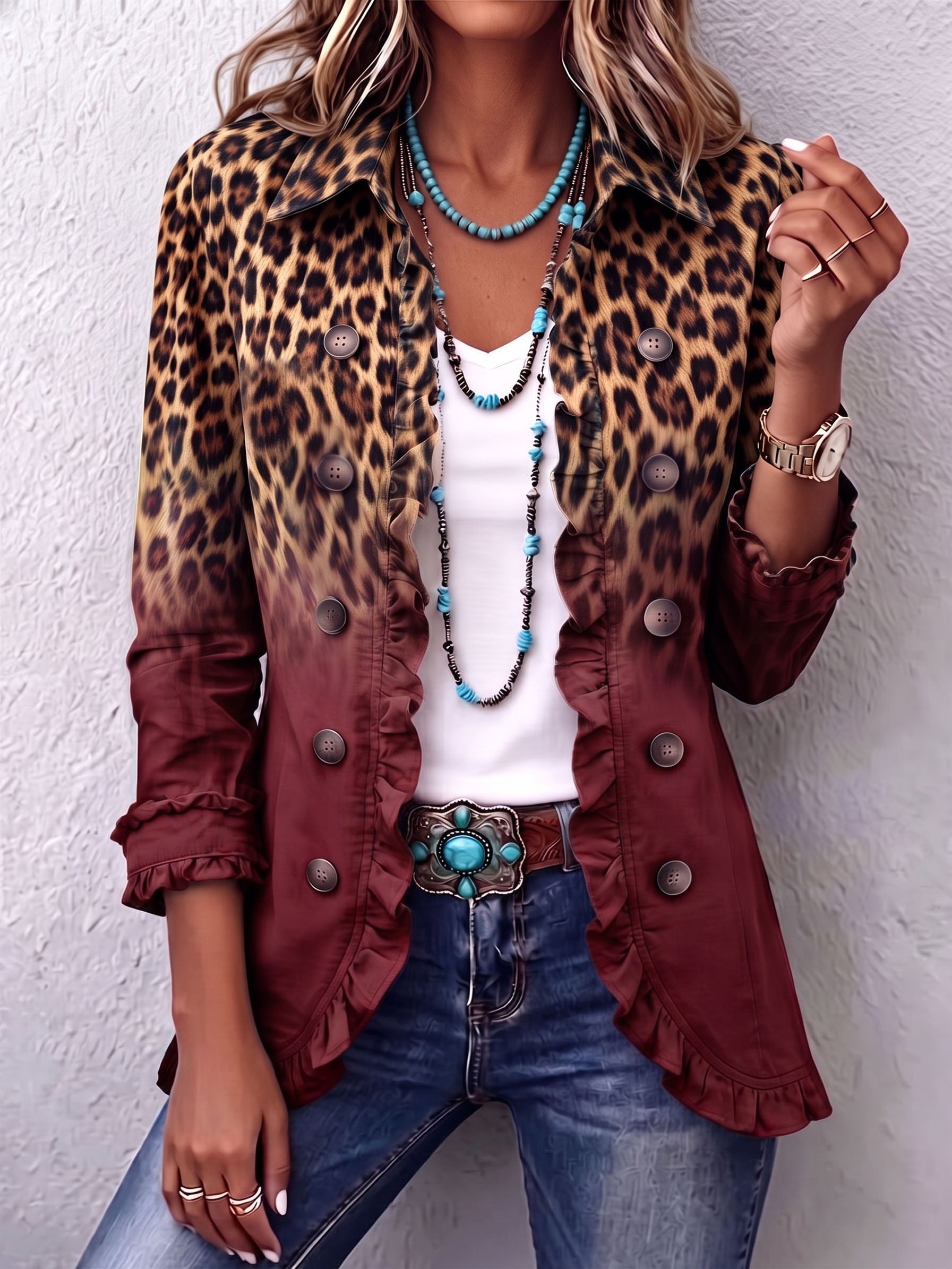 Tomasa | Veste Blazer Léopard Vin avec Volants