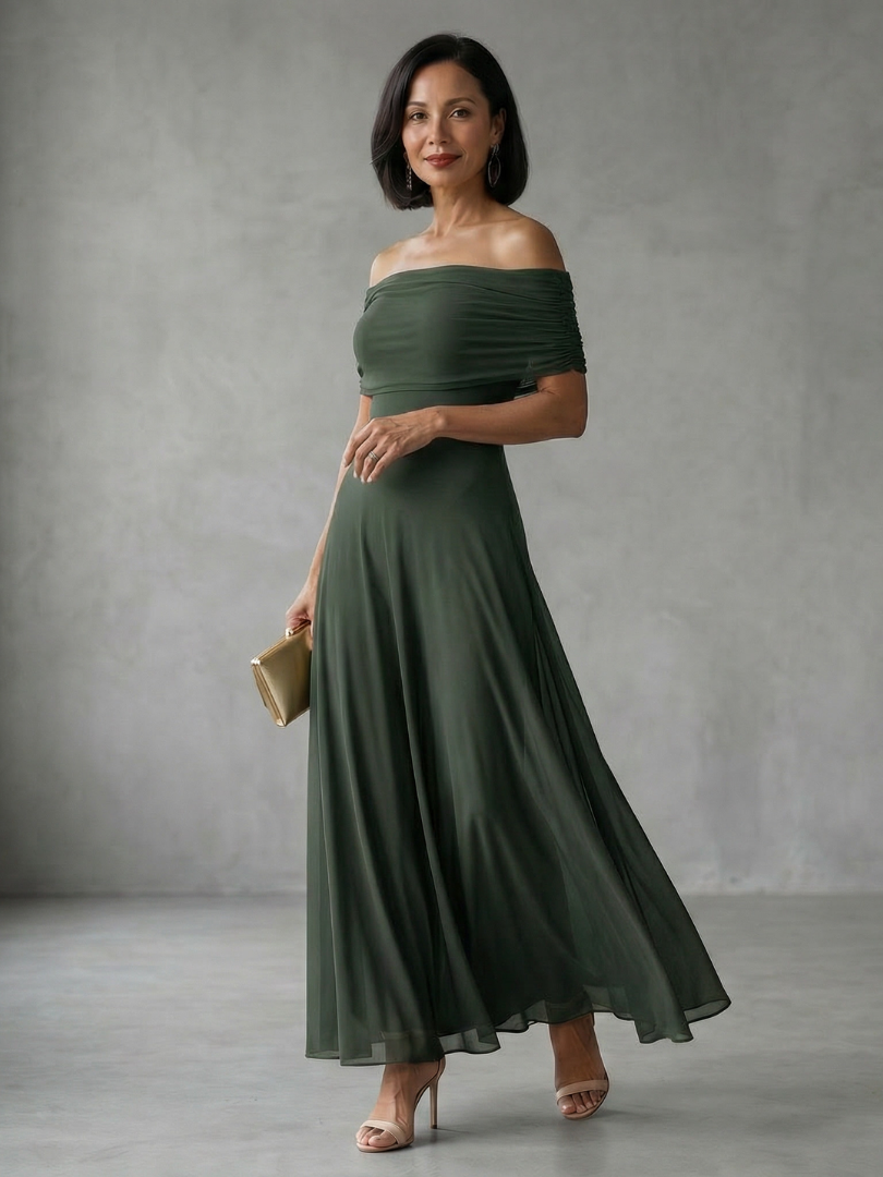 Clémence | Midi Robe Drapée Épaule Nue