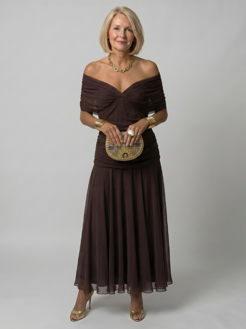 Calen | Robe Midi Épaules Dénudées Élégante