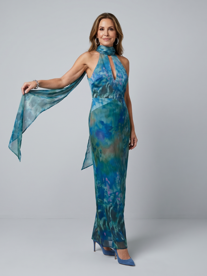 Éloise | Robe Maxi Halter avec Écharpe Transparente
