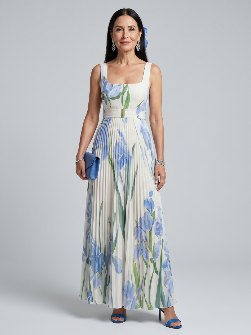 Céleste | Robe midi plissée à encolure carrée
