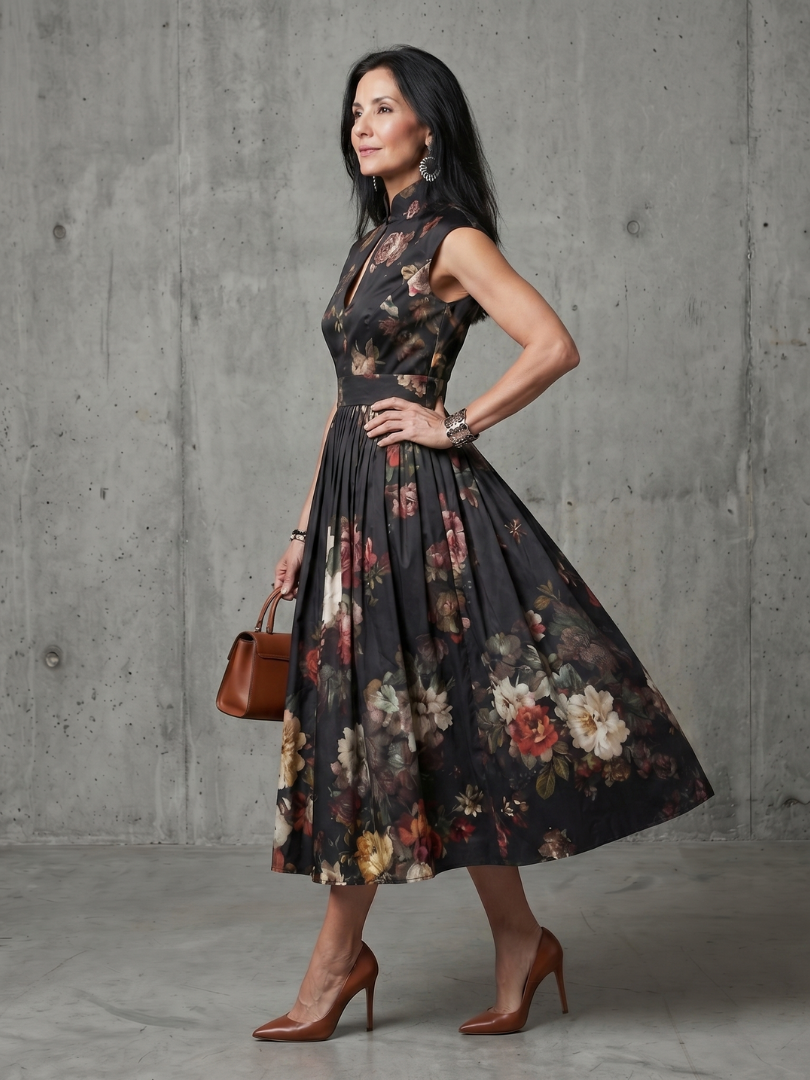 Clara | Robe Midi Plissée à Col Haut