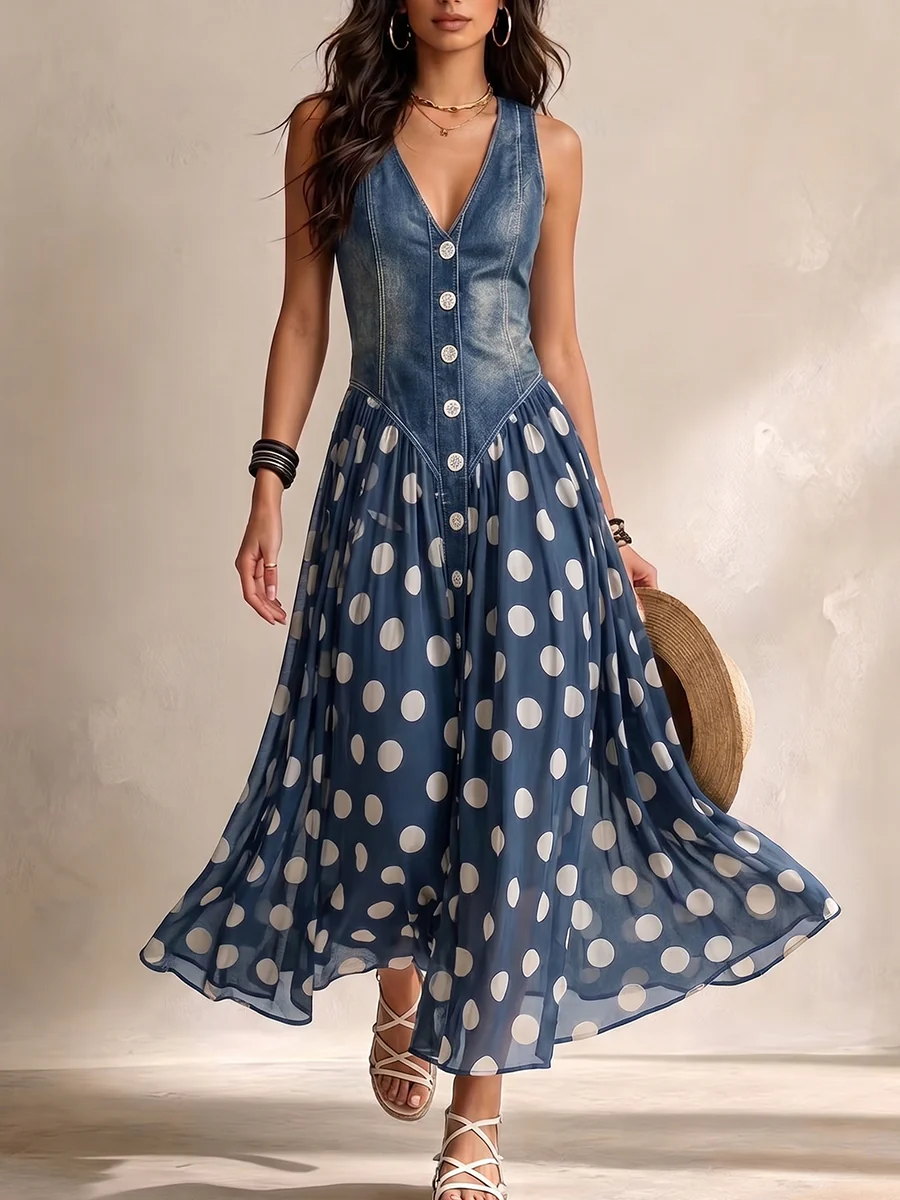 Adeline | Robe Longue Denim à Pois