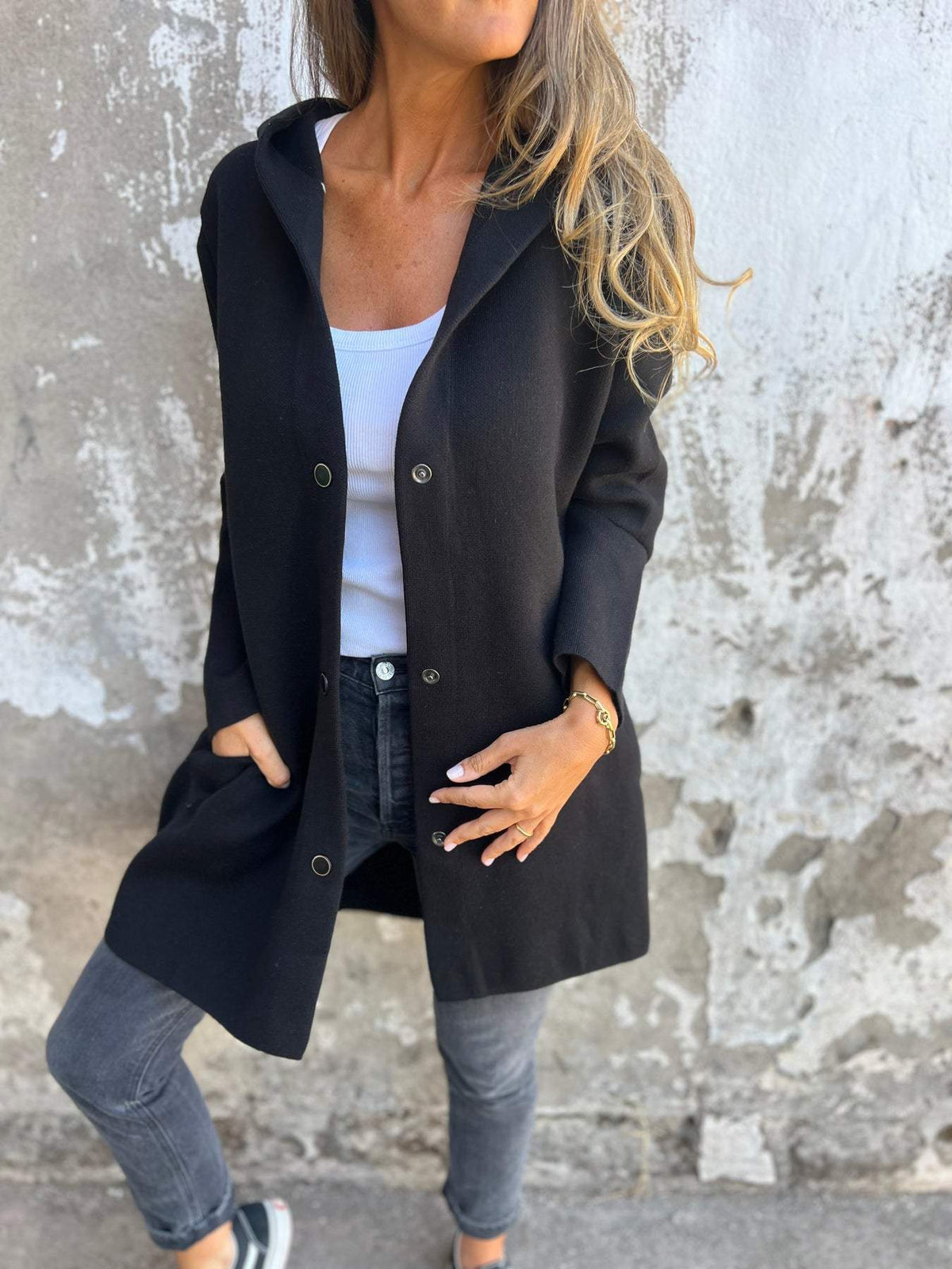Clothilde | Long cardigan à capuche boutonné