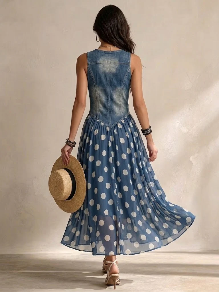 Adeline | Robe Longue Denim à Pois