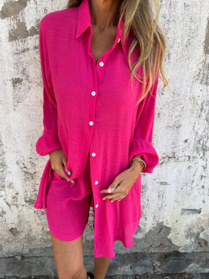 Niva | Casual linnen set met lange blouse en relax shorts