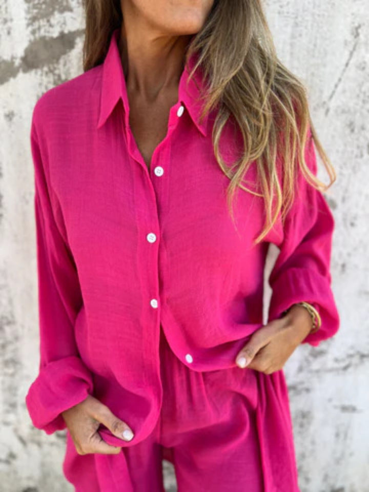 Niva | Casual linnen set met lange blouse en relax shorts