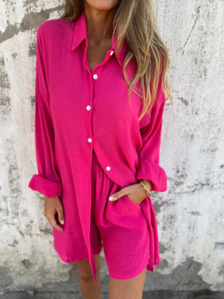 Niva | Casual linnen set met lange blouse en relax shorts