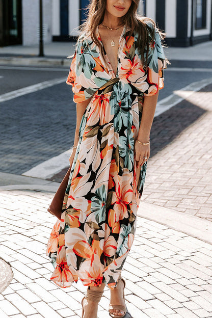 Aylin | Tropische maxi-jurk met V-hals en split