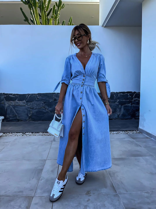 Sarena | Denim look maxi jurk met diepe V-hals