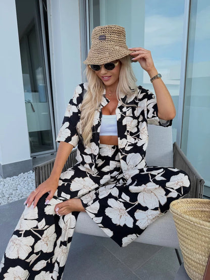 Luz | Tweedelige bloemen set met wijde broek