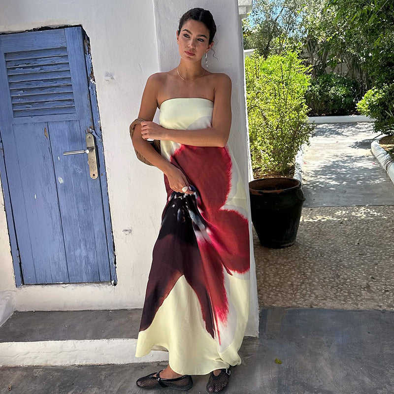 Liora | Strapless maxi-jurk met open rug en bloemprint
