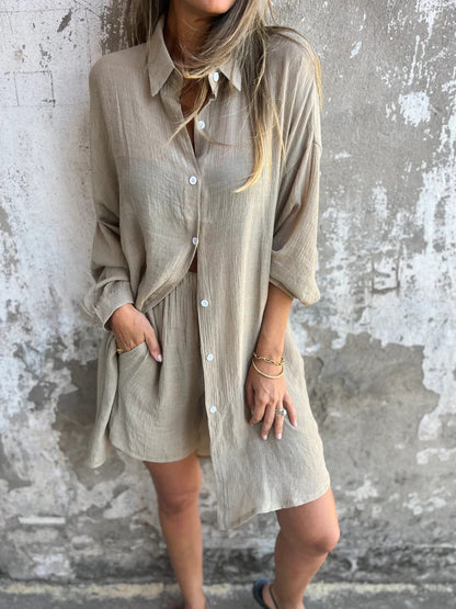 Niva | Casual linnen set met lange blouse en relax shorts