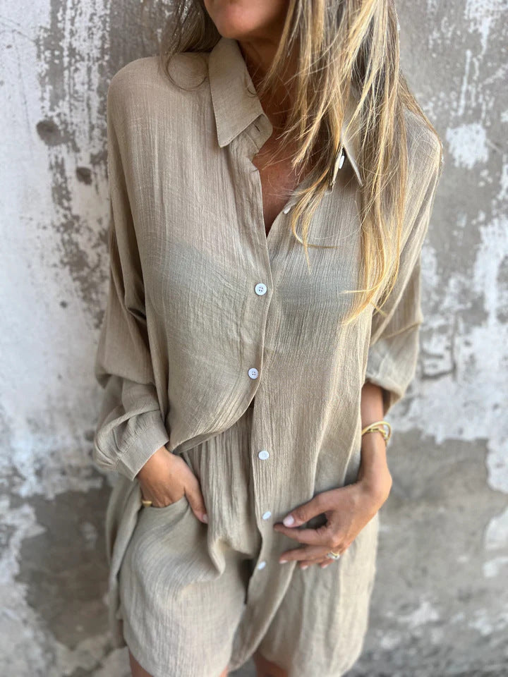 Niva | Casual linnen set met lange blouse en relax shorts