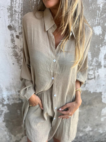Niva | Casual linnen set met lange blouse en relax shorts