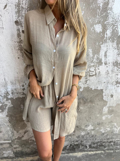 Niva | Casual linnen set met lange blouse en relax shorts