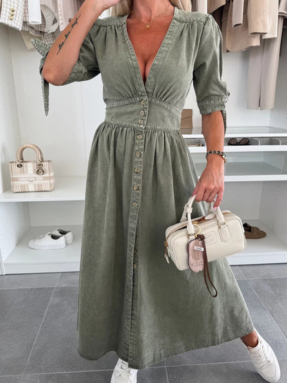Sarena | Denim look maxi jurk met diepe V-hals