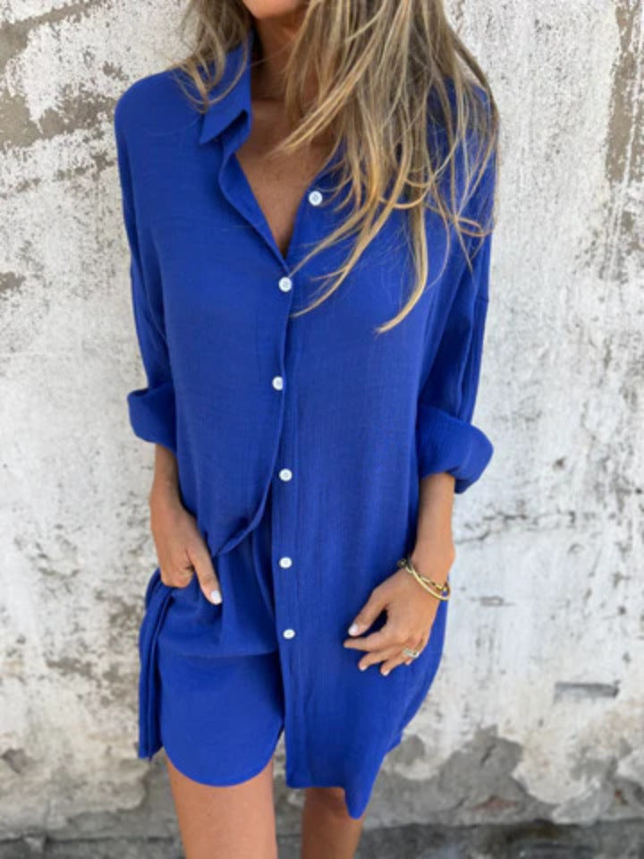 Niva | Casual linnen set met lange blouse en relax shorts