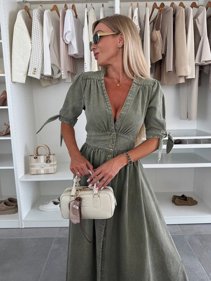 Sarena | Denim look maxi jurk met diepe V-hals