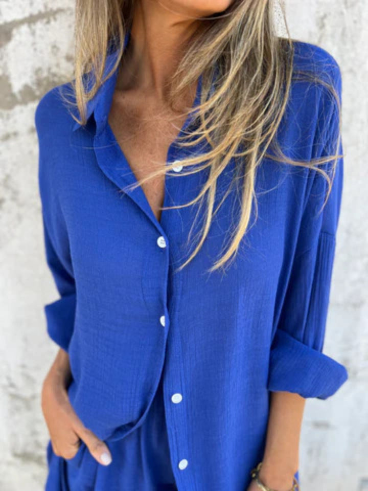 Niva | Casual linnen set met lange blouse en relax shorts