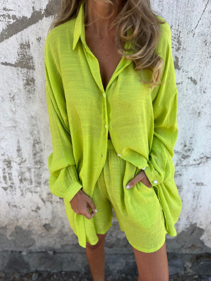 Niva | Casual linnen set met lange blouse en relax shorts