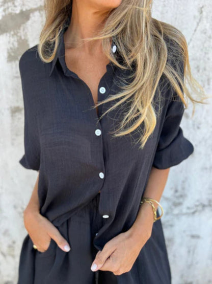 Niva | Casual linnen set met lange blouse en relax shorts