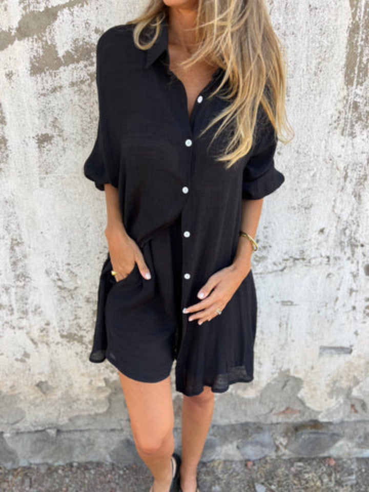 Niva | Casual linnen set met lange blouse en relax shorts