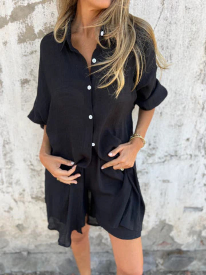 Niva | Casual linnen set met lange blouse en relax shorts
