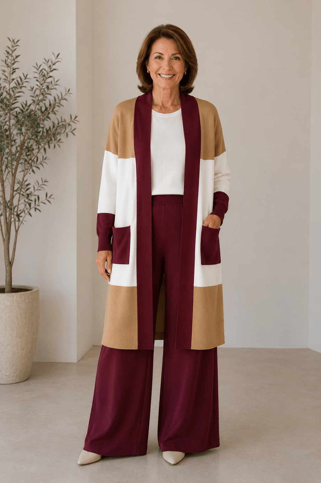 Albane | Ensemble 3 pièces en maille top, pantalon large et cardigan long