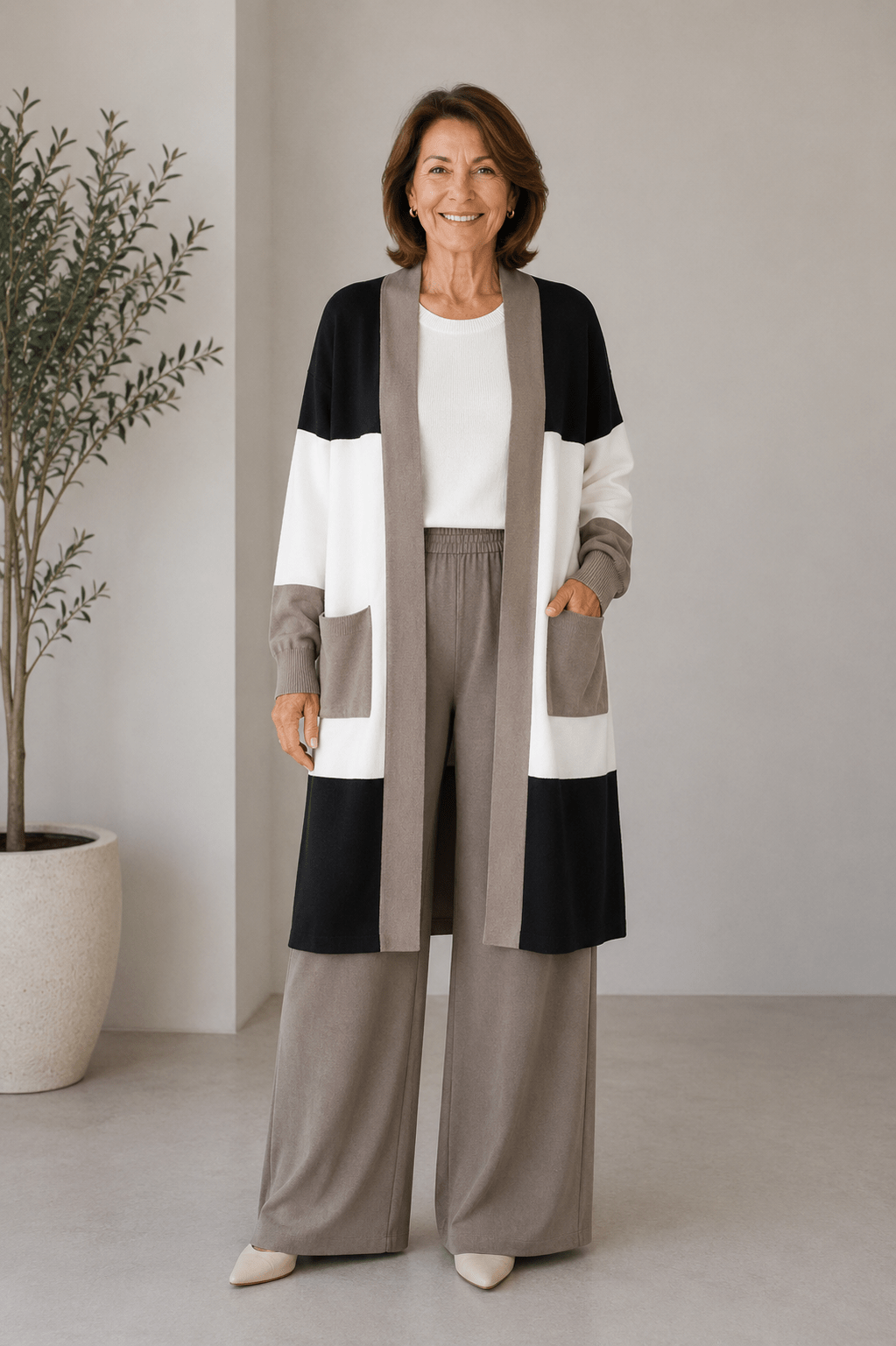 Albane | Ensemble 3 pièces en maille top, pantalon large et cardigan long