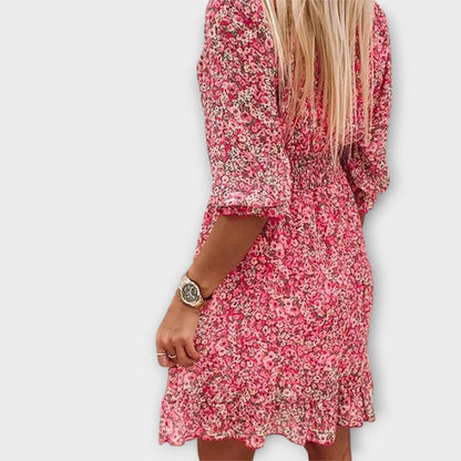 Léonie | Bloemenjurk met V-hals en gerimpelde taille