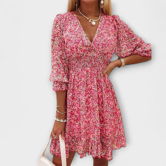 Léonie | Bloemenjurk met V-hals en gerimpelde taille