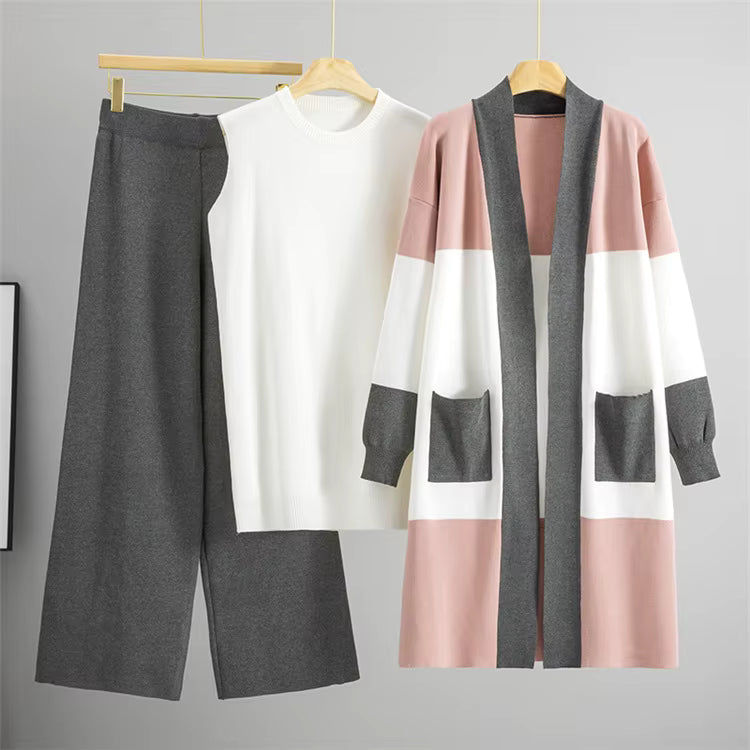 Albane | Ensemble 3 pièces en maille top, pantalon large et cardigan long