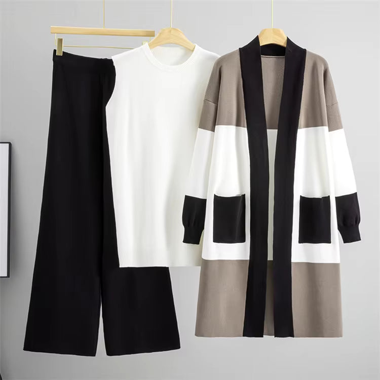 Albane | Ensemble 3 pièces en maille top, pantalon large et cardigan long