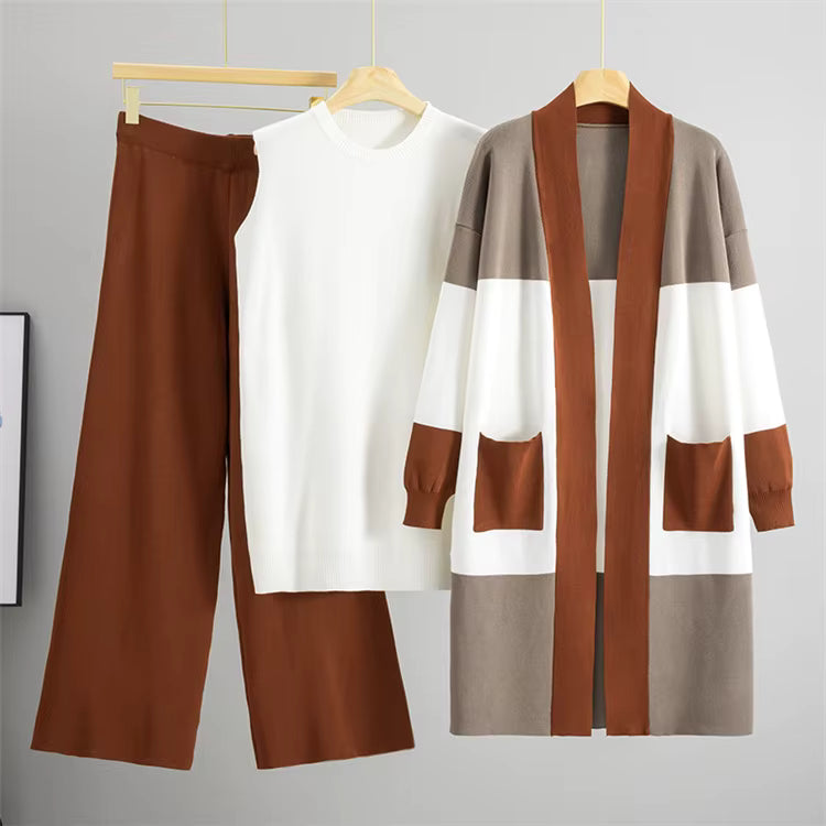 Albane | Ensemble 3 pièces en maille top, pantalon large et cardigan long