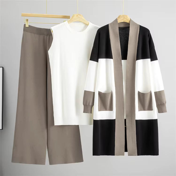 Albane | Ensemble 3 pièces en maille top, pantalon large et cardigan long