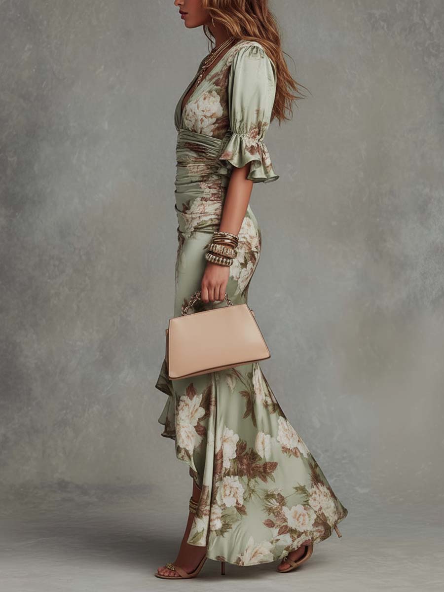 Élodie | Robe longue fleurie à taille drapée