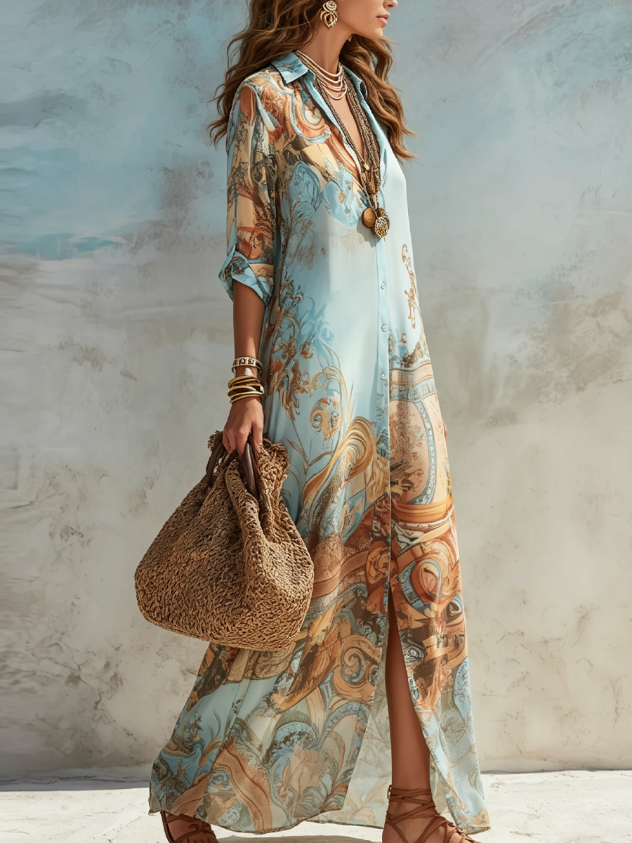 Lysiane | Robe chemise longue à imprimé artistique