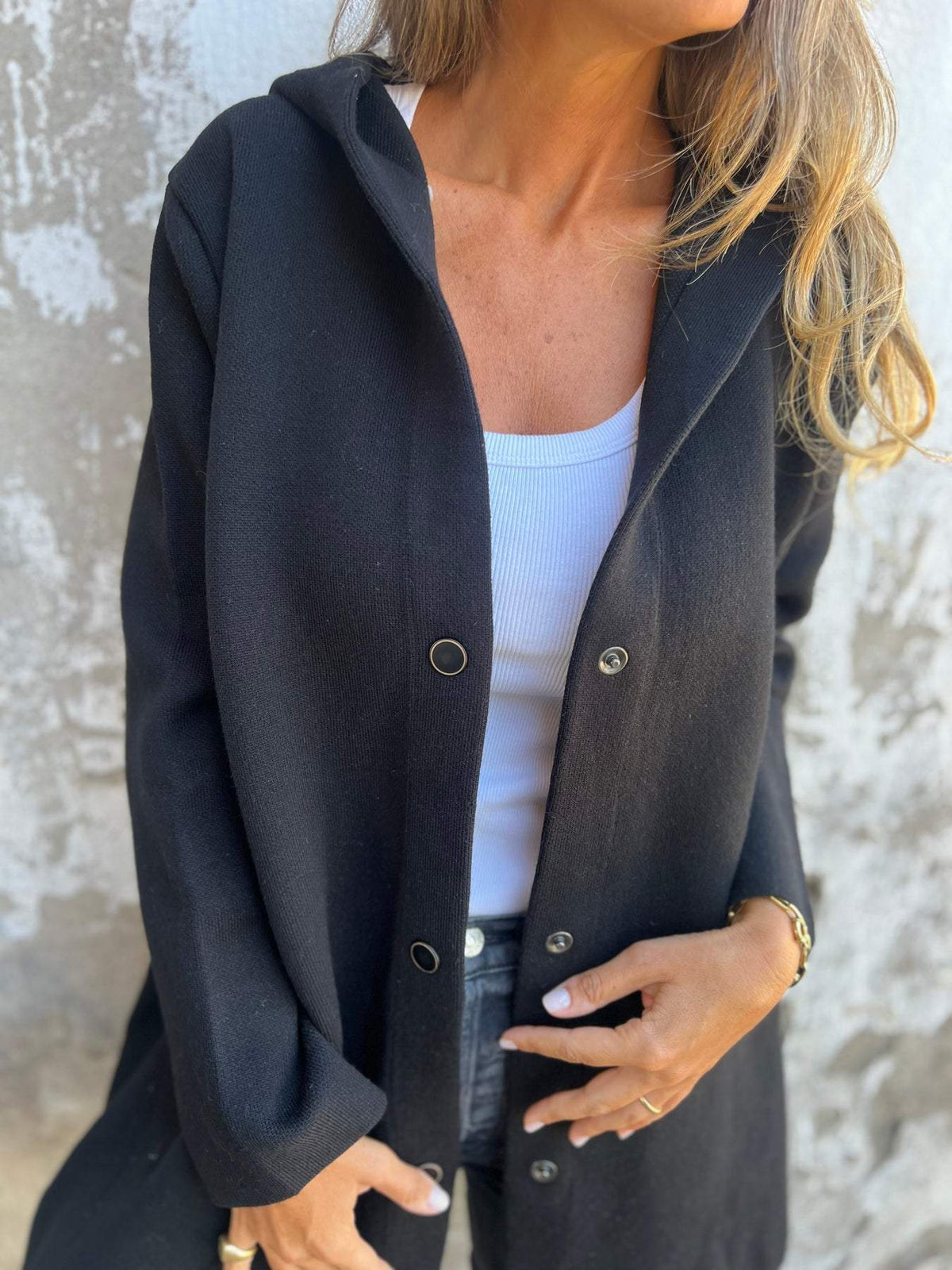 Clothilde | Long cardigan à capuche boutonné