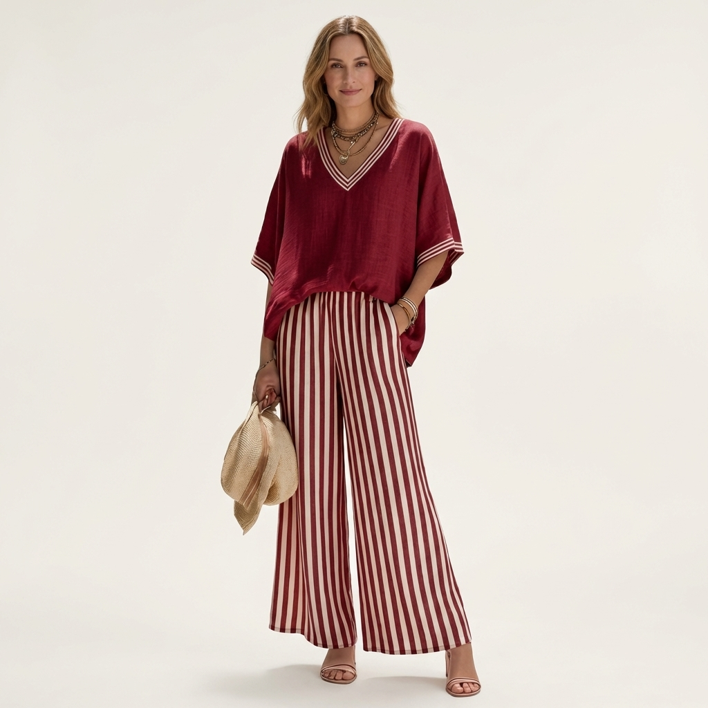 Juliana | Haut Varsity à Col V et Ensemble Pantalon Large Rayé