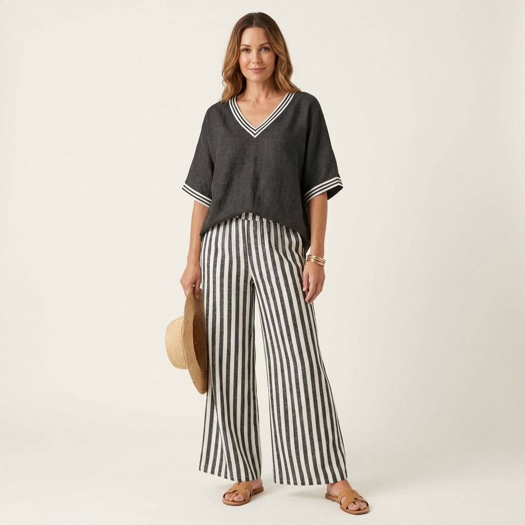 Juliana | Haut Varsity à Col V et Ensemble Pantalon Large Rayé