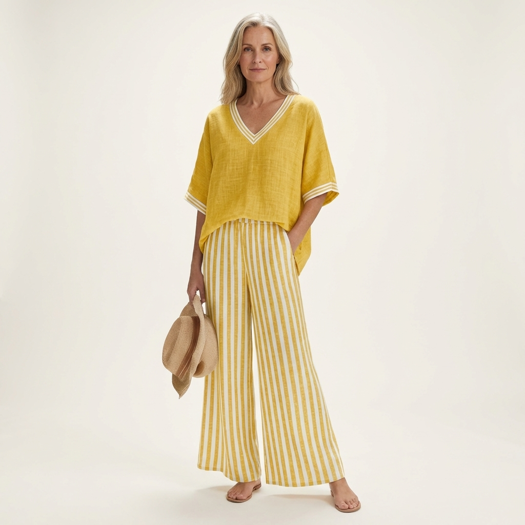 Juliana | Haut Varsity à Col V et Ensemble Pantalon Large Rayé
