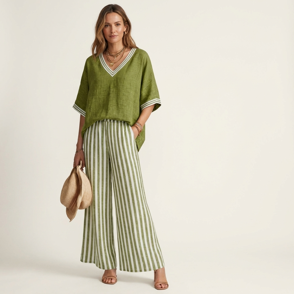 Juliana | Haut Varsity à Col V et Ensemble Pantalon Large Rayé