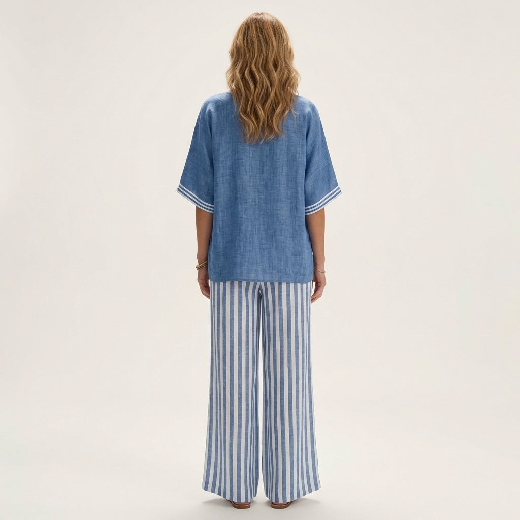 Juliana | Haut Varsity à Col V et Ensemble Pantalon Large Rayé