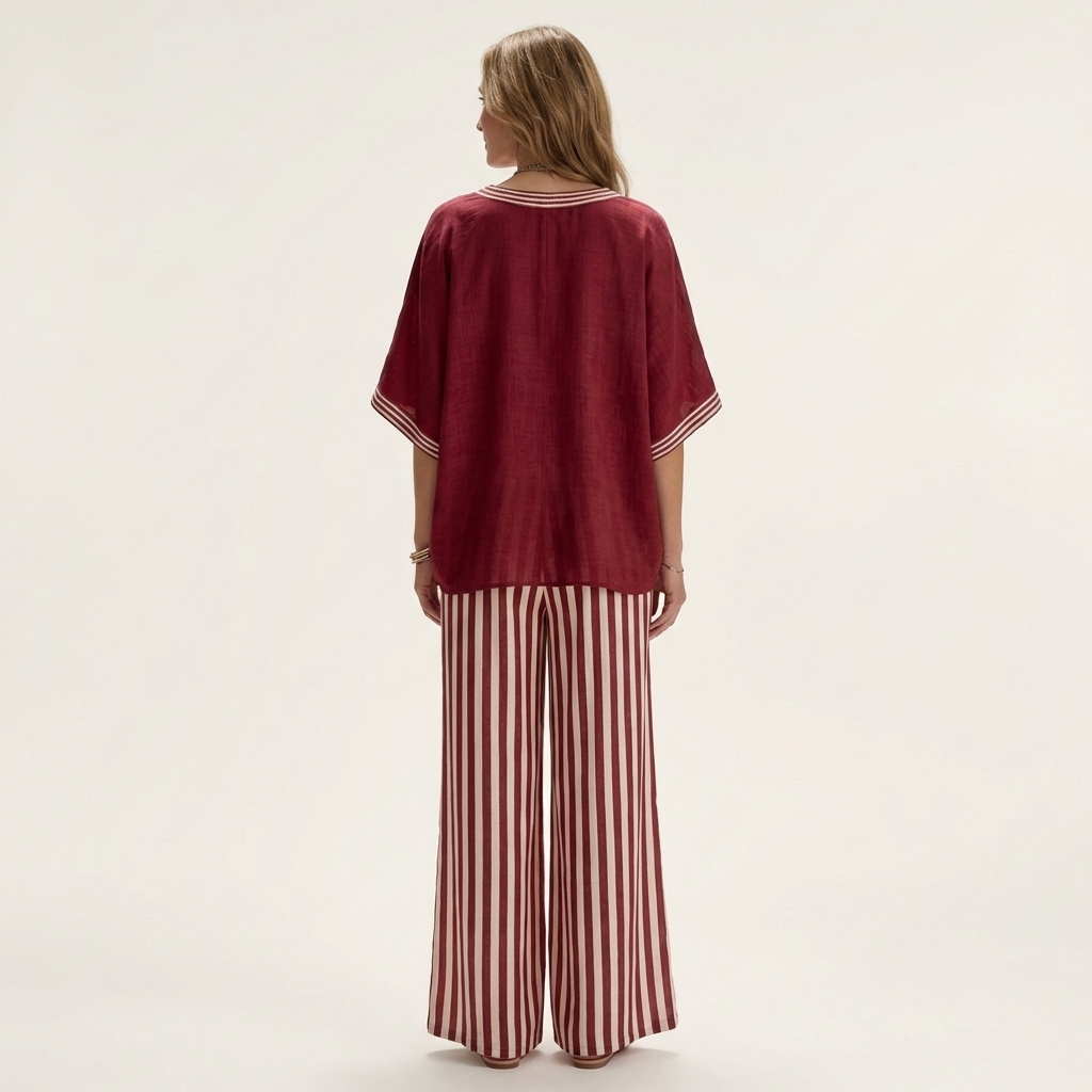 Juliana | Haut Varsity à Col V et Ensemble Pantalon Large Rayé