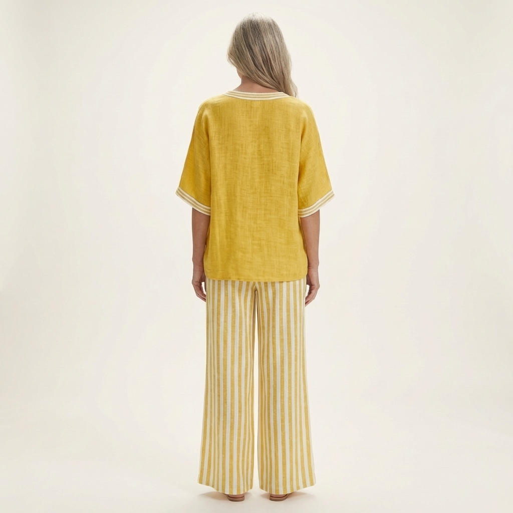 Juliana | Haut Varsity à Col V et Ensemble Pantalon Large Rayé